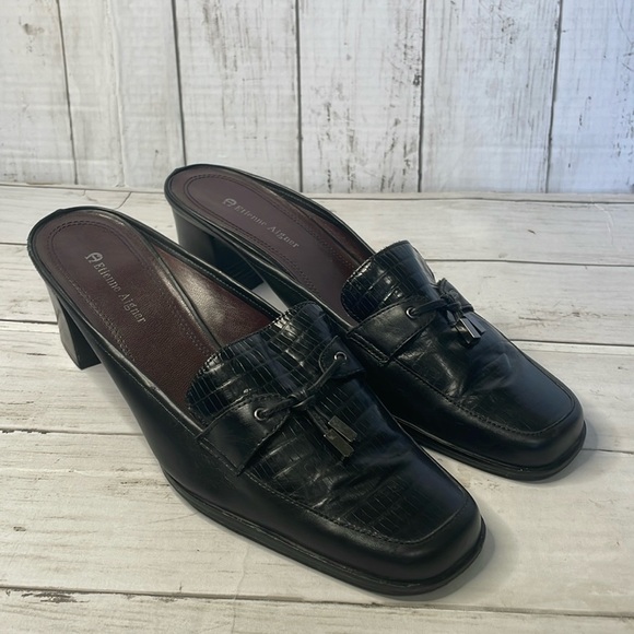 Etienne Aigner Black Reptile Embossed Leather Tassel Block Heel Mule - Picture 1 of 9